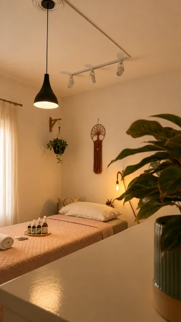 Toalha e óleo de massagem preparados para o atendimento
