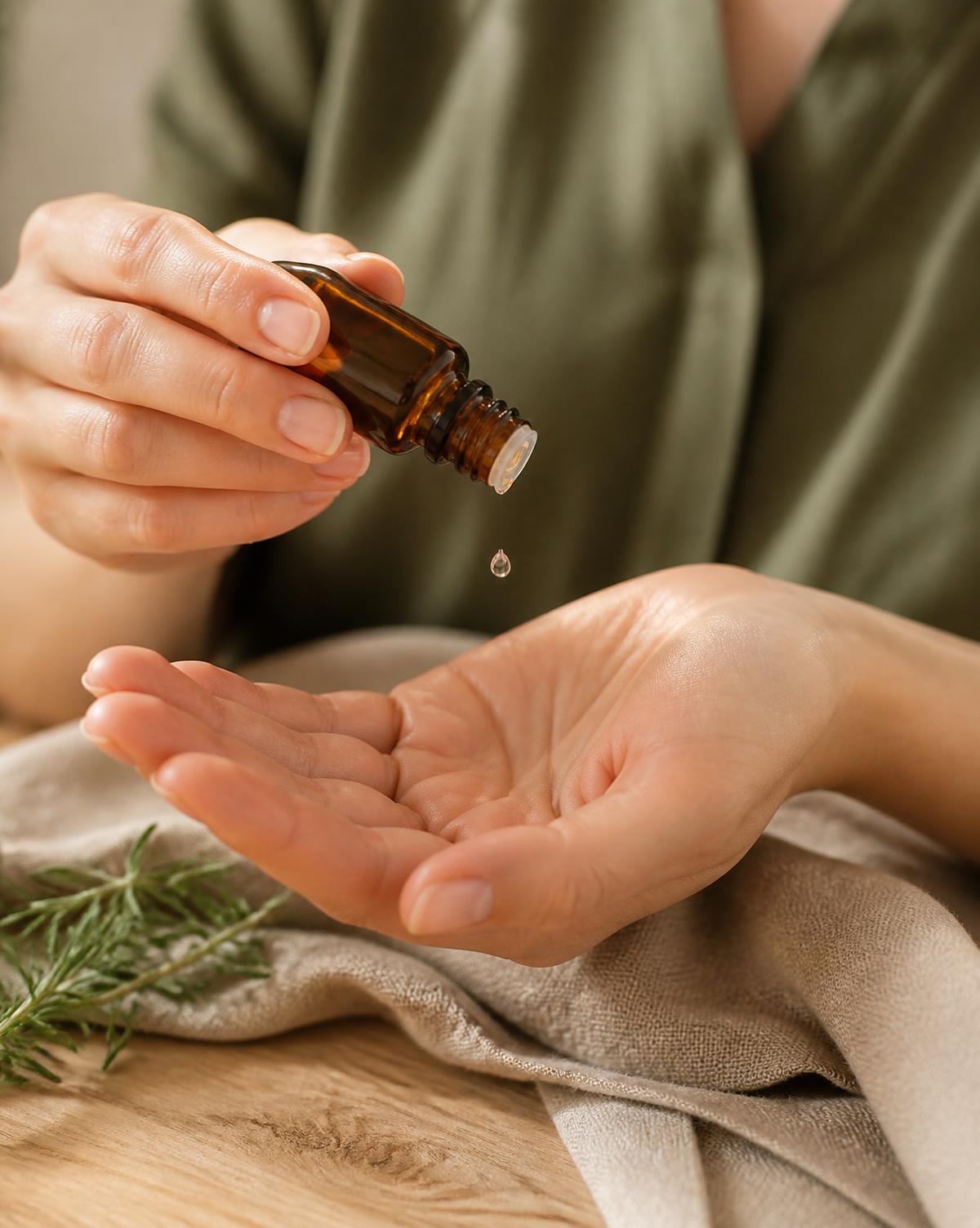 Mãos segurando um frasco âmbar de óleo essencial com uma gota caindo na palma da mão