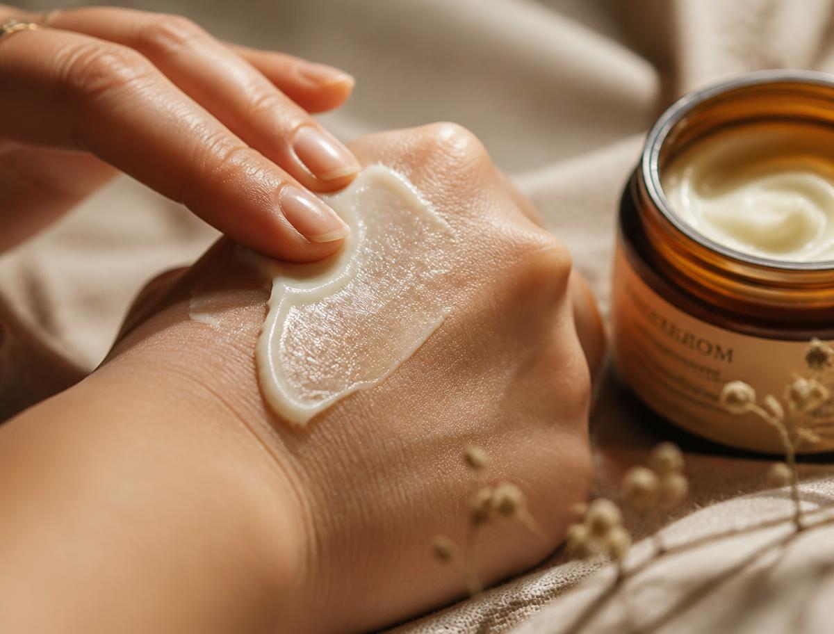 Creme natural sendo aplicado na pele, com pote de vidro âmbar ao lado