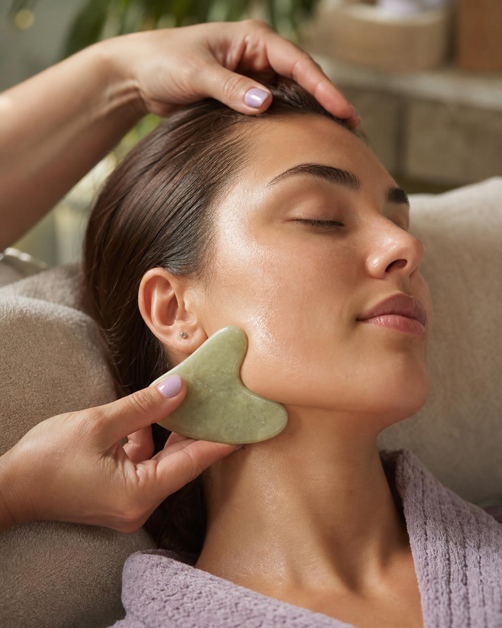 Rosto iluminado de mulher relaxada recebendo massagem facial com Gua Sha em ambiente acolhedor