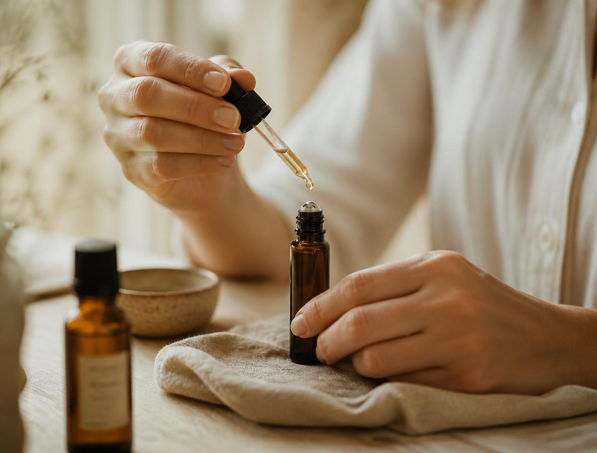 Mãos pingando óleo essencial em um frasco roll-on âmbar sobre tecido natural